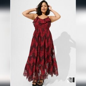 Torrid Two Tone Burgundy Lace Tiered Hem Maxi Dress